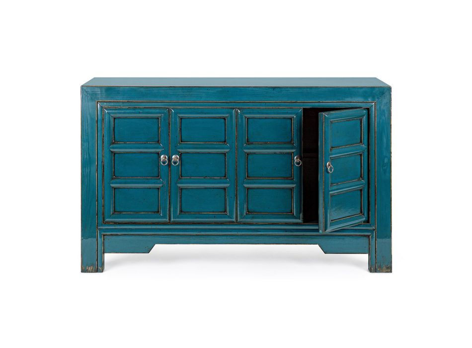Komoda 4-drzwiowa na kółkach z niebieskiego drewna wiązu Vintage Design Homemotion - Konan Viadurini
