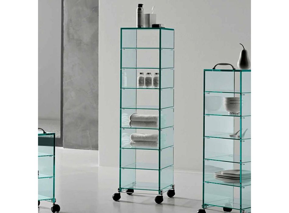 Uniwersalna szafka z przezroczystymi szklanymi kółkami z 3,6,8 lub 10 półkami - Versatilio Viadurini
