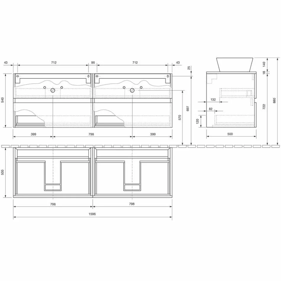 Szafka łazienkowa podwieszana z podwójną umywalką nablatową - mandrillo Viadurini