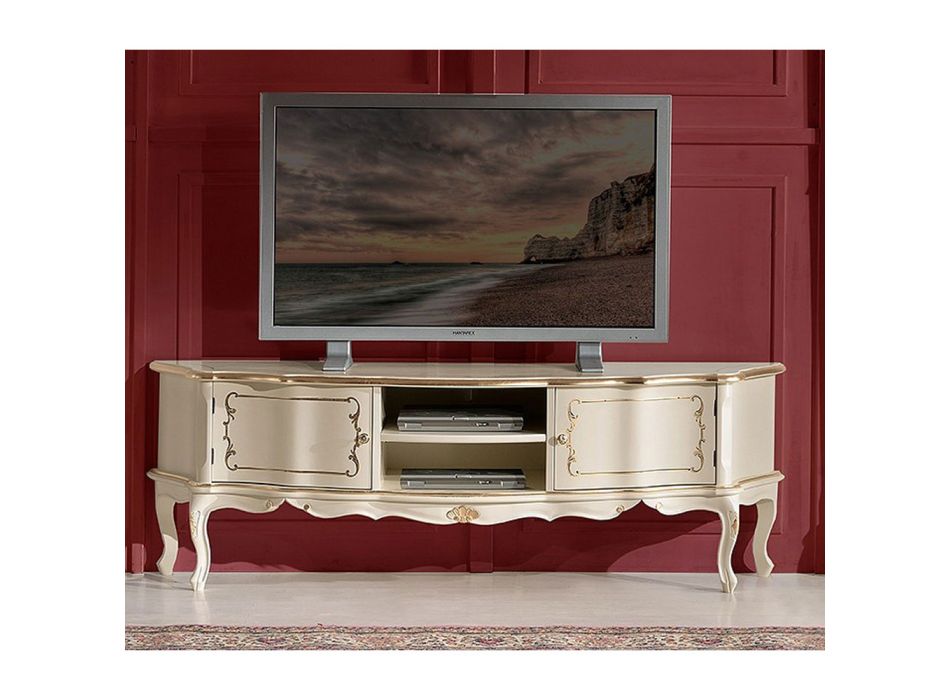 Klasyczny drewniany stolik pod telewizor z drzwiami i przegródkami Made in Italy - Leonor Viadurini