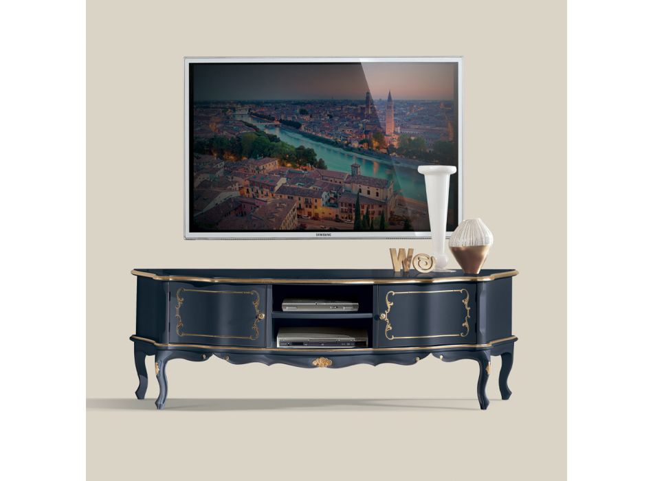 Klasyczny drewniany stolik pod telewizor z drzwiami i przegródkami Made in Italy - Leonor Viadurini