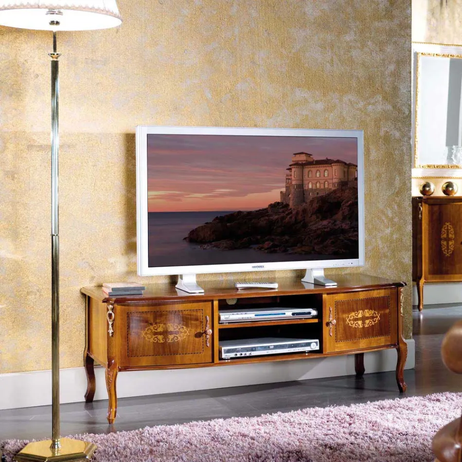 Klasyczna drewniana szafka pod telewizor z wkładkami Made in Italy - Katerine Viadurini