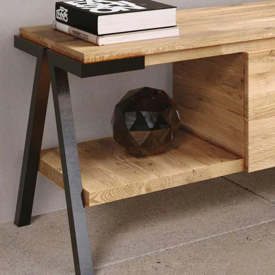 Szafka pod telewizor z sękanego drewna dębowego i metalu Made in Italy - Jennifer Viadurini