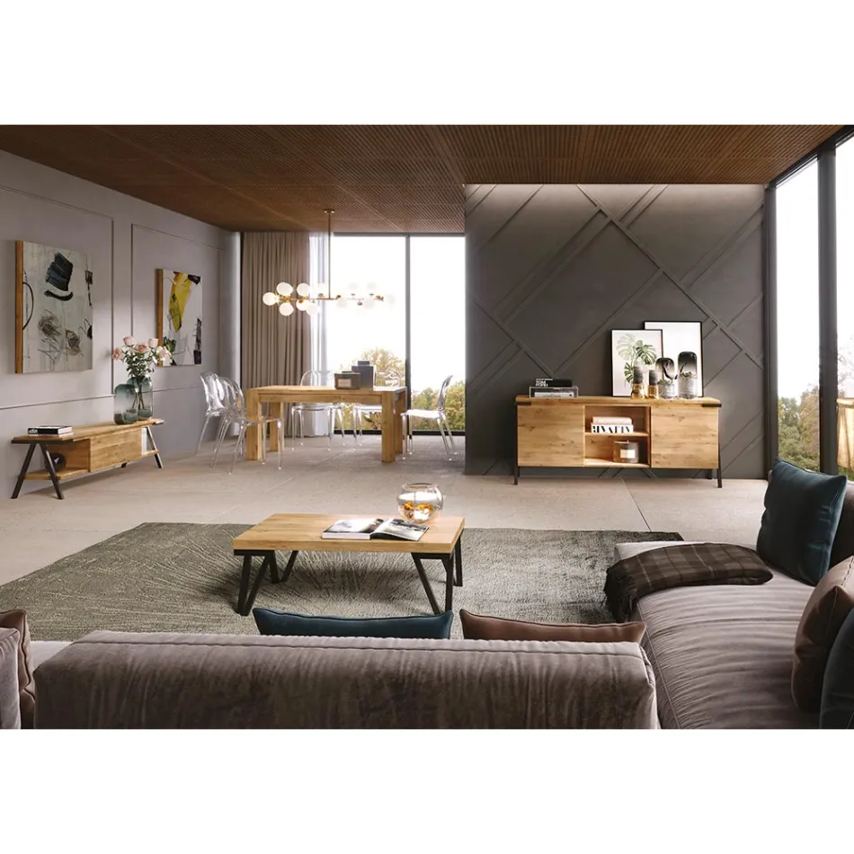 Szafka pod telewizor z sękanego drewna dębowego i metalu Made in Italy - Jennifer Viadurini