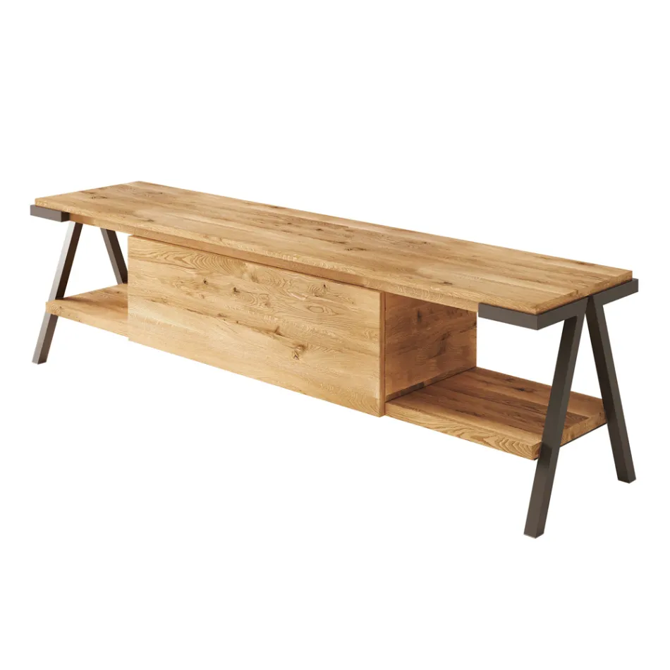 Szafka pod telewizor z sękanego drewna dębowego i metalu Made in Italy - Jennifer Viadurini