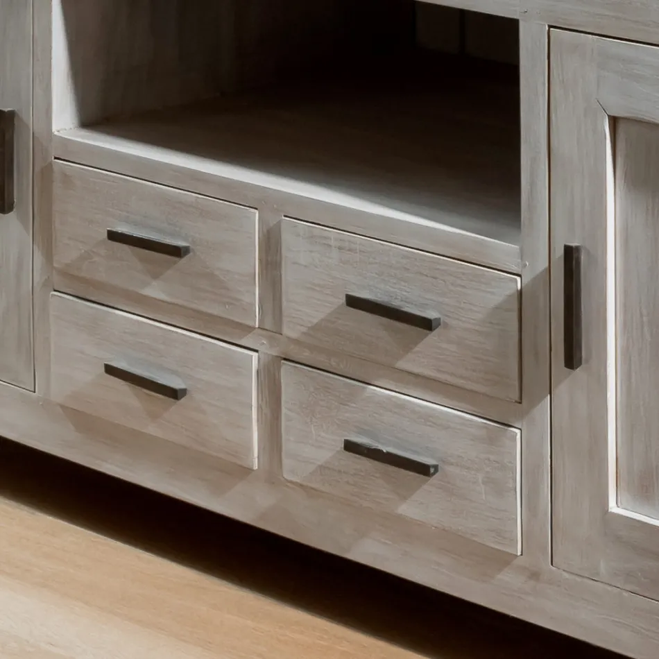 Stojak pod telewizor Kendo z litego drewna tekowego z 2 drzwiami i 4 szufladami Viadurini