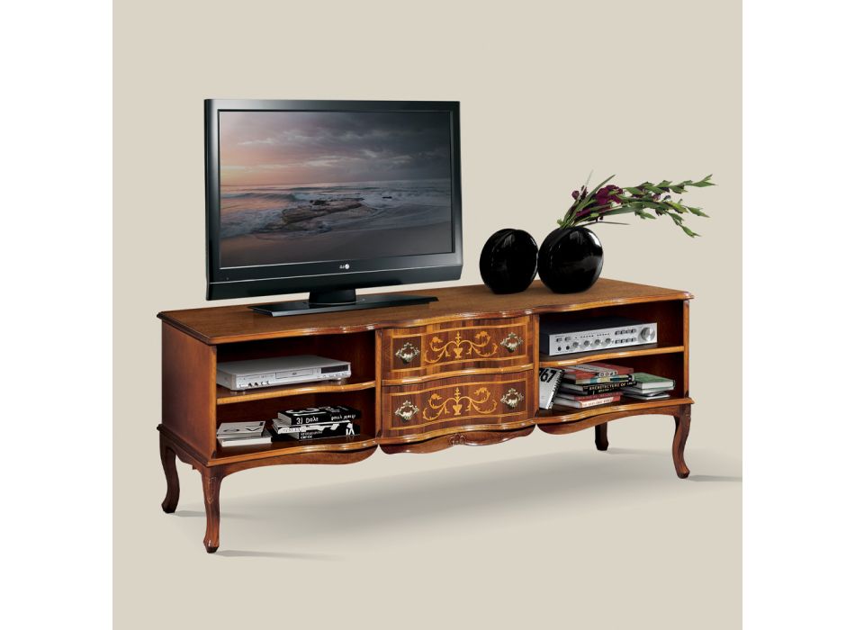 Klasyczny drewniany stolik pod telewizor z przegródkami i szufladami Made in Italy - Prince Viadurini