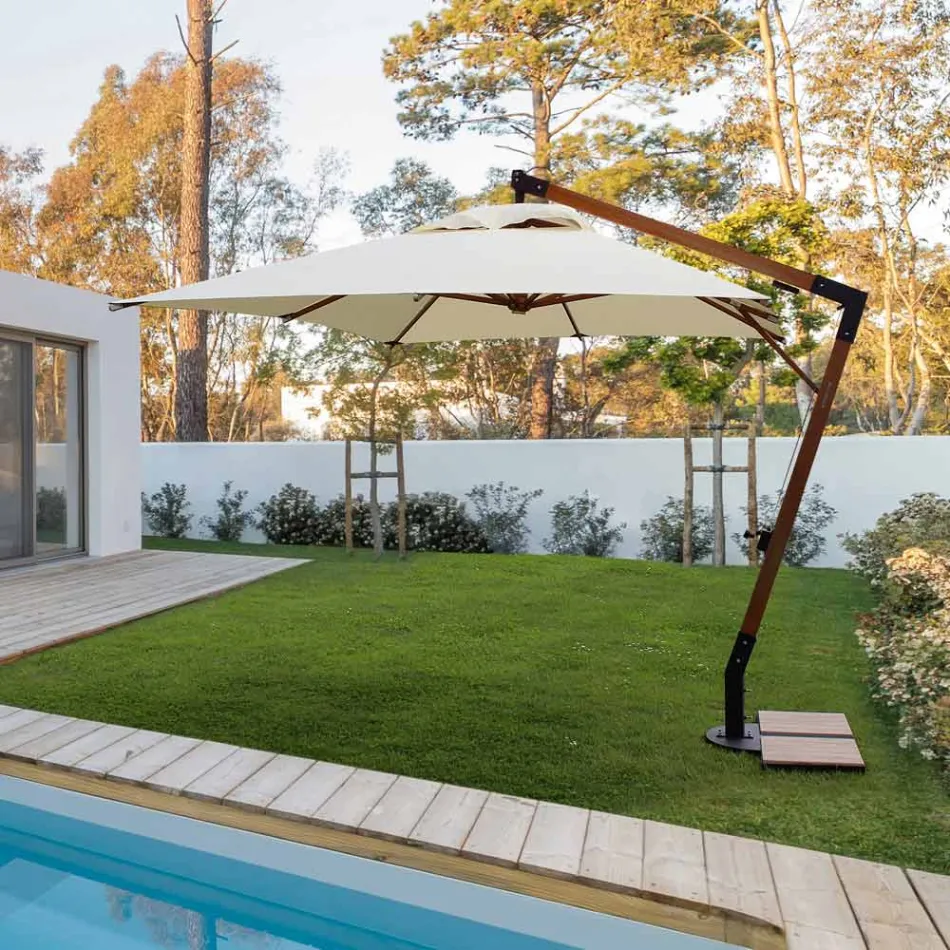 Parasol zewnętrzny z drewna i poliestru w kolorze ecru 3x4, Homemotion - Passmore Viadurini