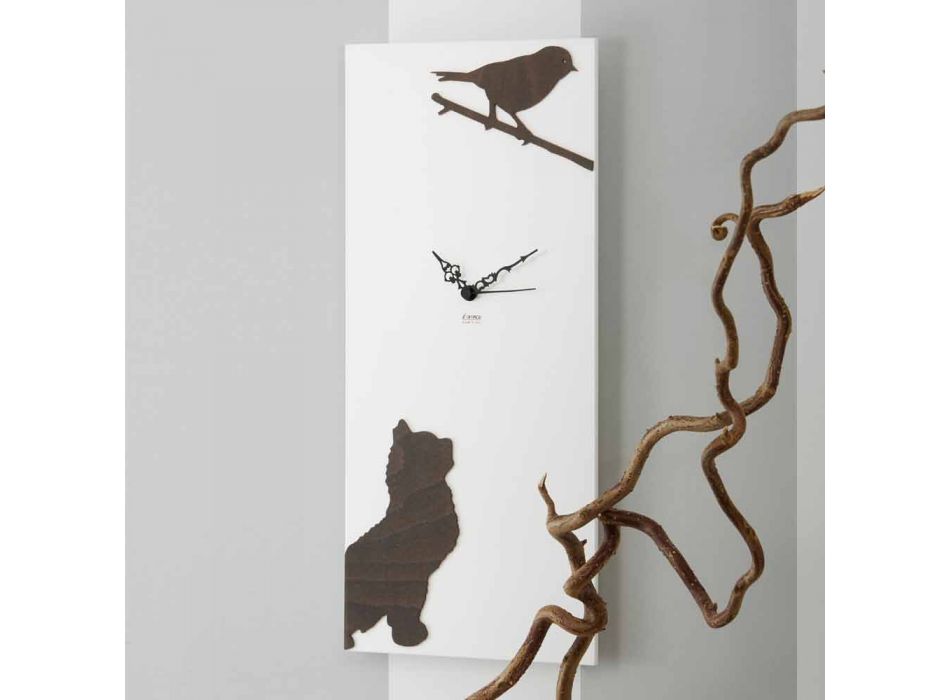 Biały Zegar Ścienny z Drewnianymi Dekoracjami Zwierząt Nowoczesny Design - Suspens Viadurini