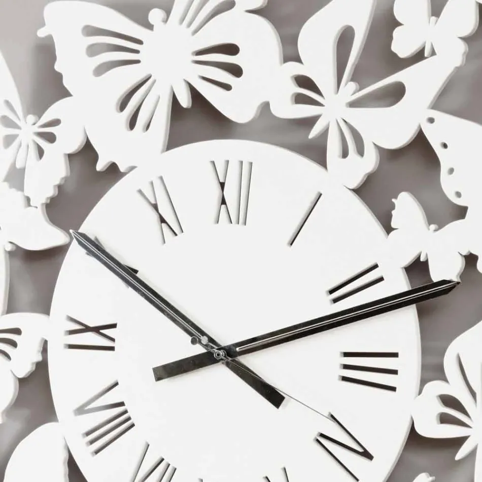 Zegar ścienny w kolorze drewna, nowoczesny design ozdobiony motylami - Papilio Viadurini