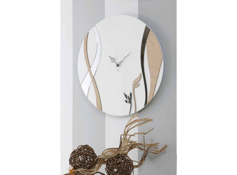 Nowoczesny okrągły zegar ścienny z dekorowanym drewnem - Harmony Viadurini