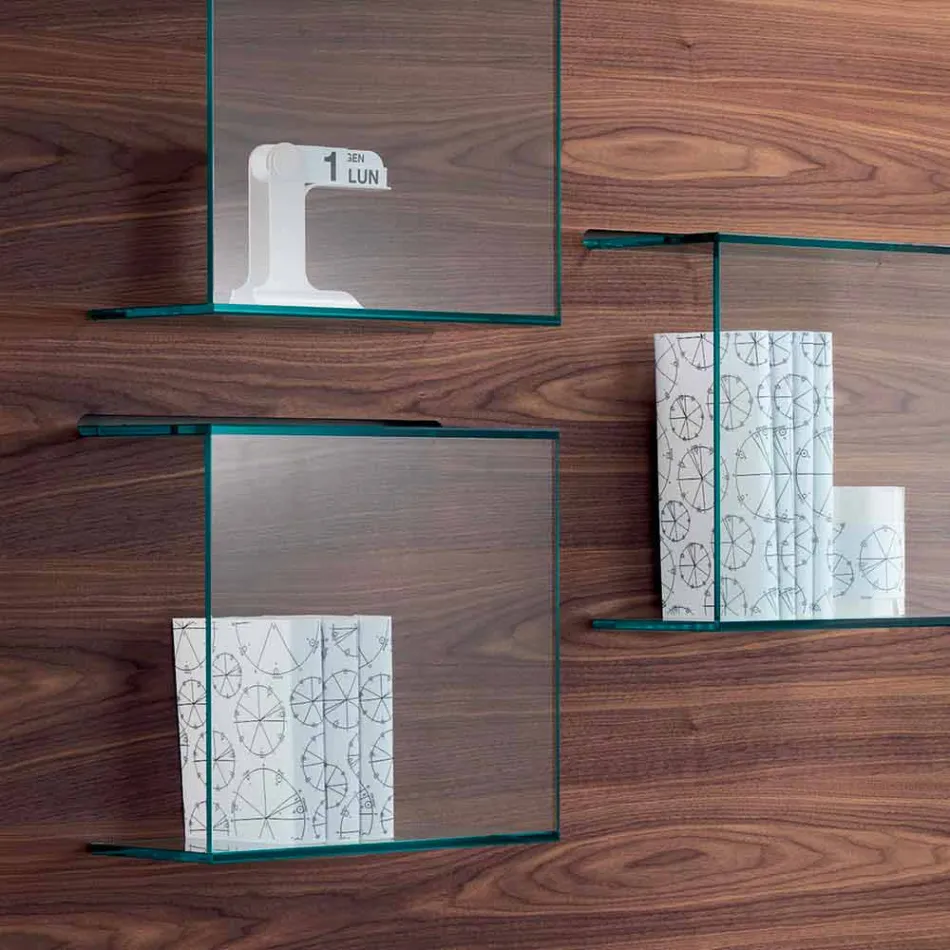 Panel ścienny z drewna orzechowego Canaletto i półek szklanych 2 rozmiary - Basil Viadurini