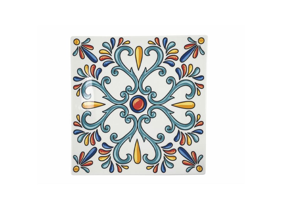Kwadratowe Talerze Stołowe w Kolorowych Dekoracjach Porcelanowych 6 Sztuk - Iglesias Viadurini