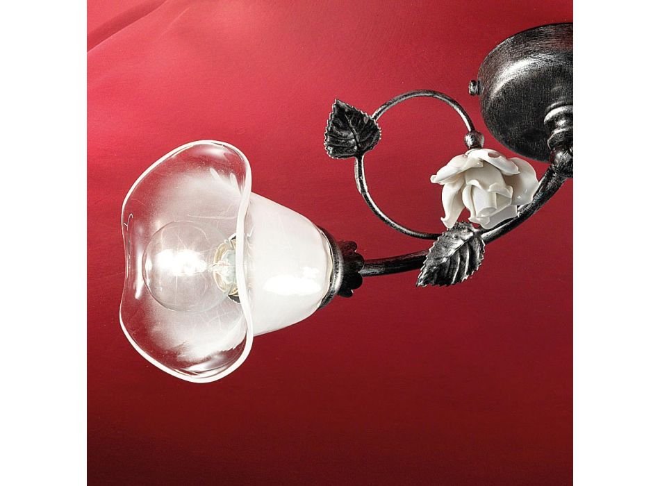 Lampa sufitowa 2 światła z żelaza, szkła i róż z dekoracją ceramiczną - Siena Viadurini