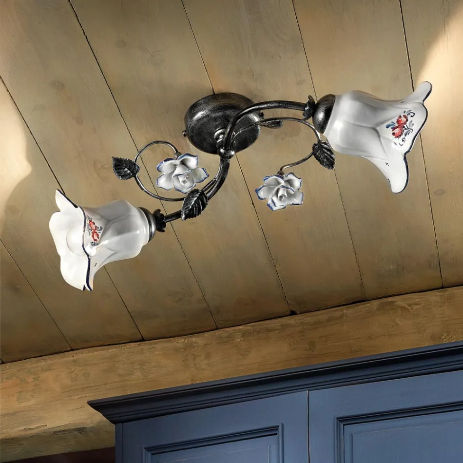 Lampa sufitowa 2 światła z metalu i ceramiki z ręcznie malowanymi różami - Pisa Viadurini
