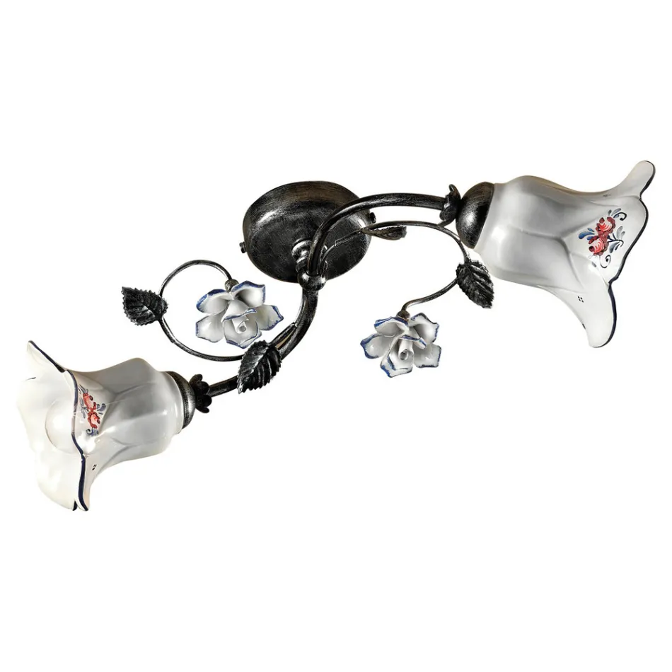 Lampa sufitowa 2 światła z metalu i ceramiki z ręcznie malowanymi różami - Pisa Viadurini