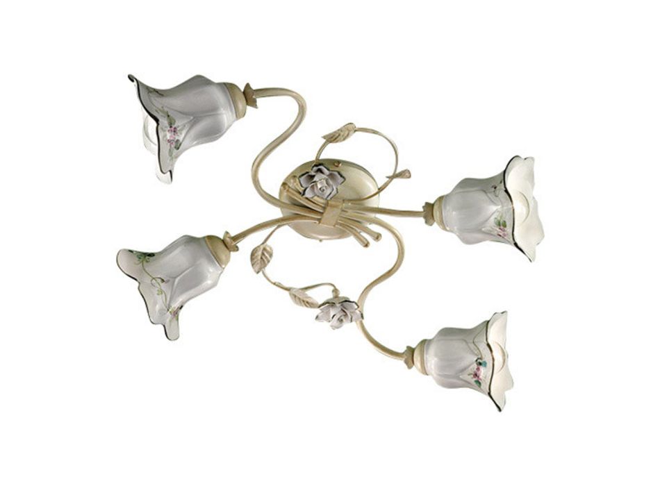4-punktowa lampa sufitowa z metalu i ceramiki z ręcznie malowanymi różami - Pisa