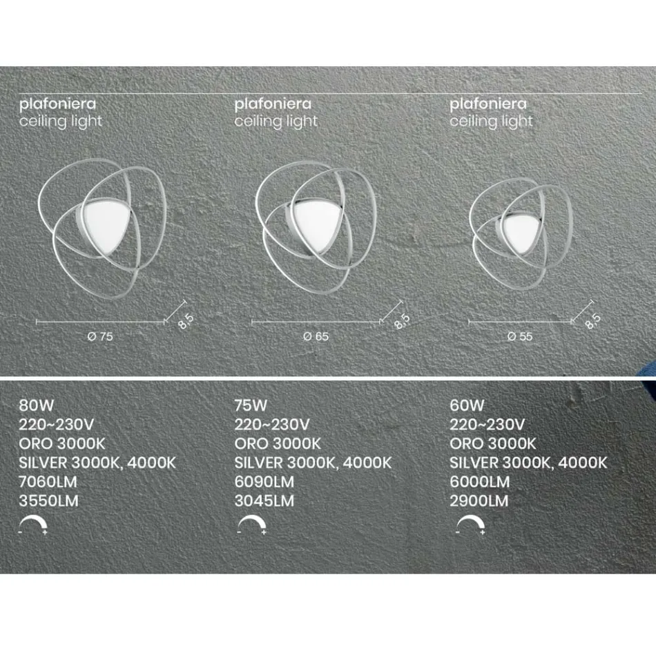 Lampa Sufitowa LED Kinkiet w Złotym lub Srebrnym Wykończeniu Metalu - Rosella Viadurini