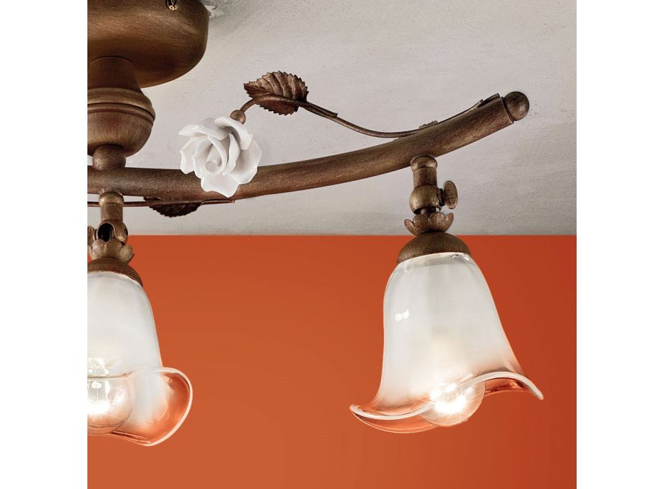 Liniowa lampa sufitowa z 3 światłami w żelaznych, szklanych i ceramicznych różach - Siena Viadurini