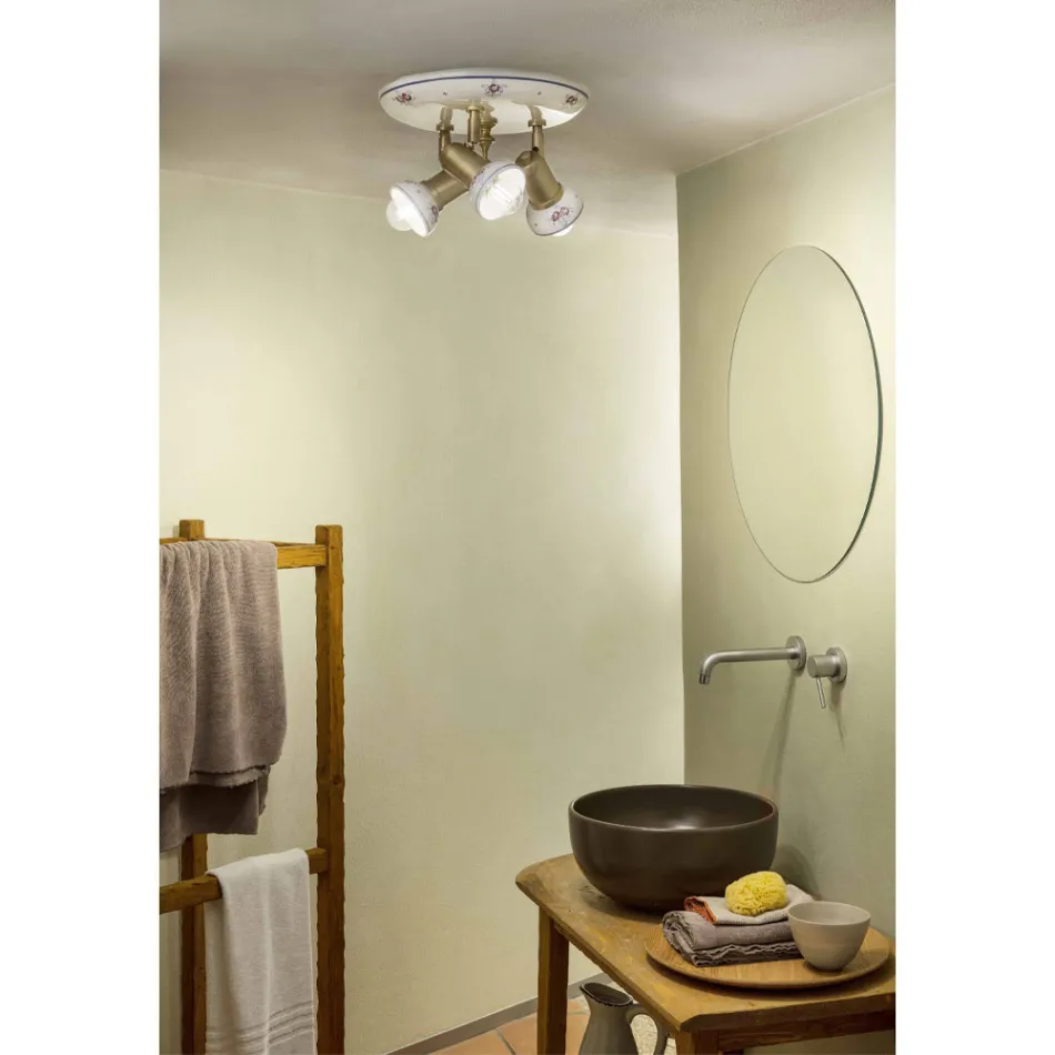 Okrągła lampa sufitowa 3 reflektory z mosiądzu i ręcznie malowanej ceramiki - Savona Viadurini