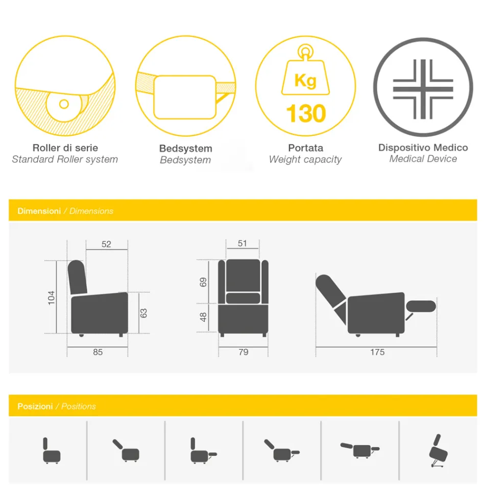 Fotel podnoszony z funkcjami podnoszenia, relaksu i łóżka Made in Italy - Talita Viadurini