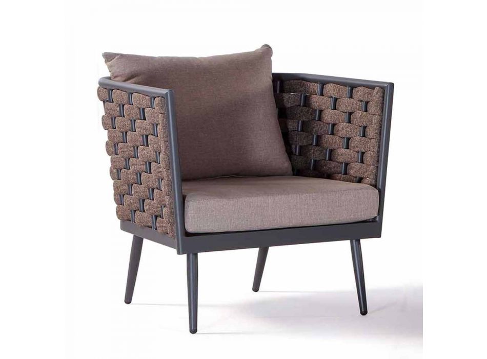 Fotel ogrodowy z aluminium i liny z poduszkami z tkaniny - Rasti Viadurini