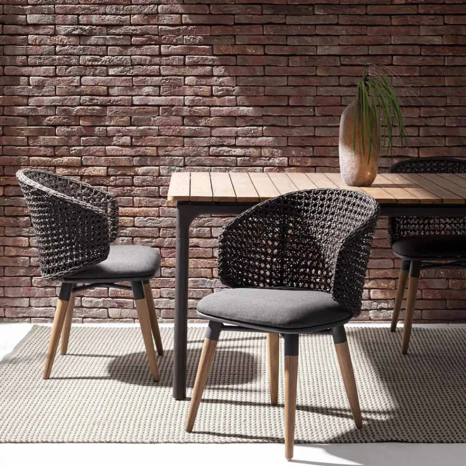 Fotel ogrodowy z nogami z drewna tekowego i siedziskiem z tkaniny, Homemotion - Chantall Viadurini