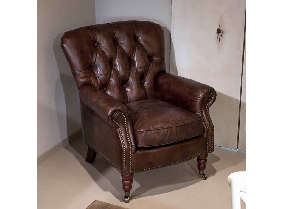 Fotel do wnętrz w całości wykonany z postarzanej skóry vintage - stempel Viadurini