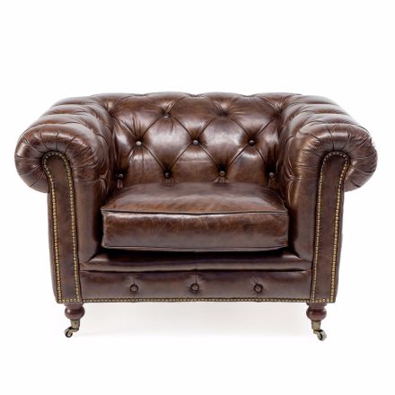 Fotel do salonu ze skóry w stylu vintage z efektem postarzenia z kółkami i podłokietnikami - stempel Viadurini