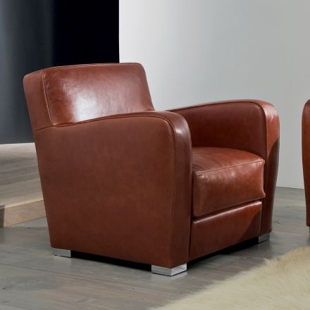 Fotel do salonu z drewna, skóry i metalu Made in Italy - Burlesco Viadurini