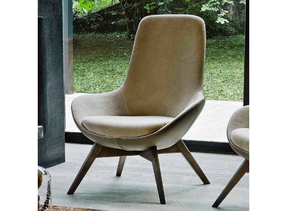 Fotel do salonu ze skóry i tkaniny z drewnianą podstawą Made in Italy - Ama Viadurini