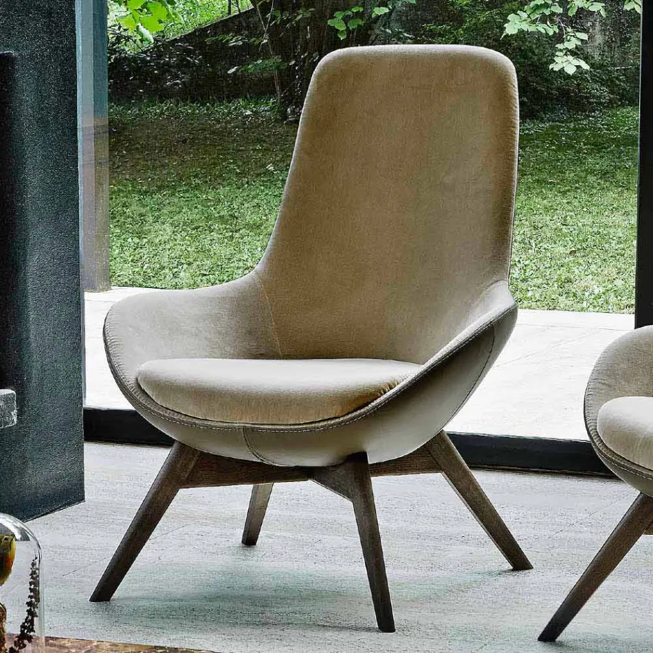 Fotel do salonu ze skóry i tkaniny z drewnianą podstawą Made in Italy - Ama Viadurini