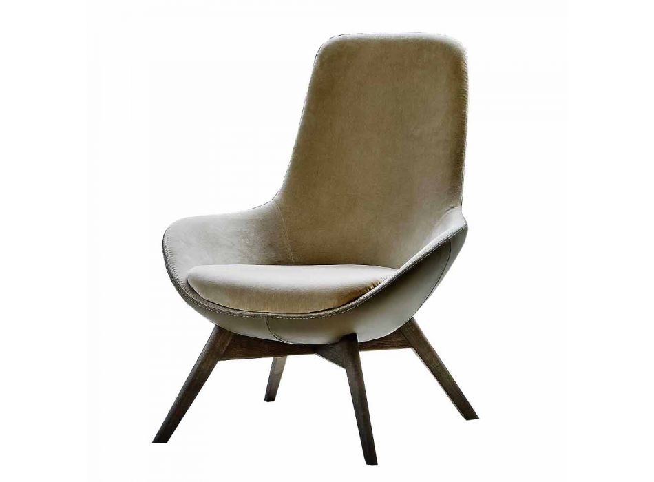 Fotel do salonu ze skóry i tkaniny z drewnianą podstawą Made in Italy - Ama Viadurini