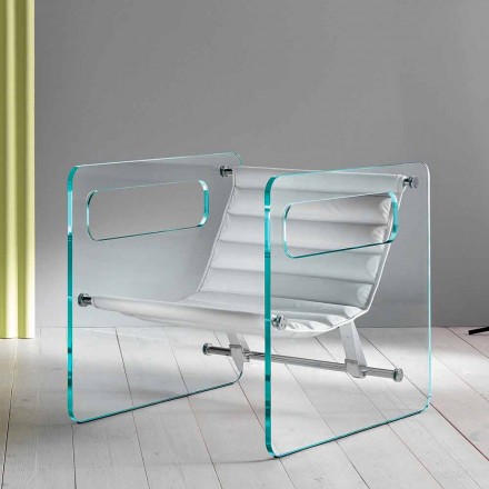 Fotel do salonu w szkle i siedzisku w nowoczesnym designie z białej skóry - Tecna Viadurini