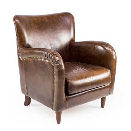 Fotel do salonu wykonany z postarzanej skóry vintage - stempel Viadurini