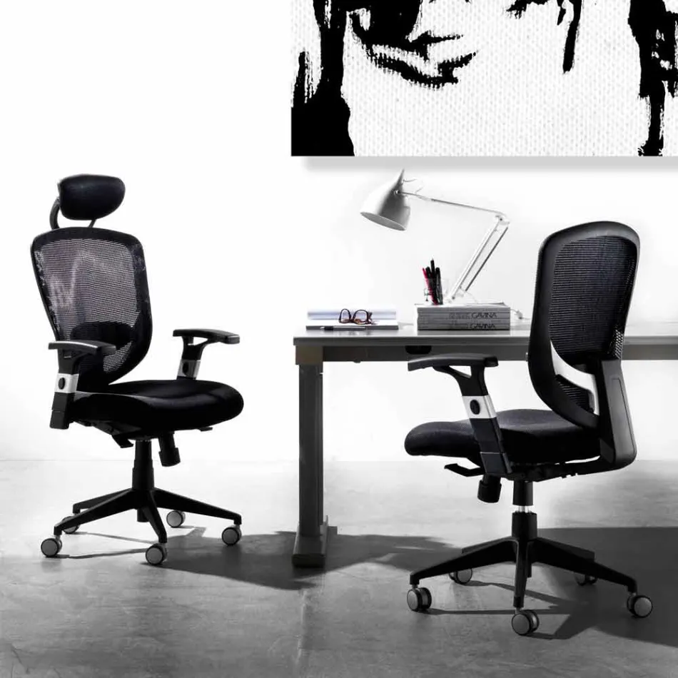 Półkierunkowy i nowoczesny obrotowy fotel operacyjny z czarnej siatki - Simona Viadurini