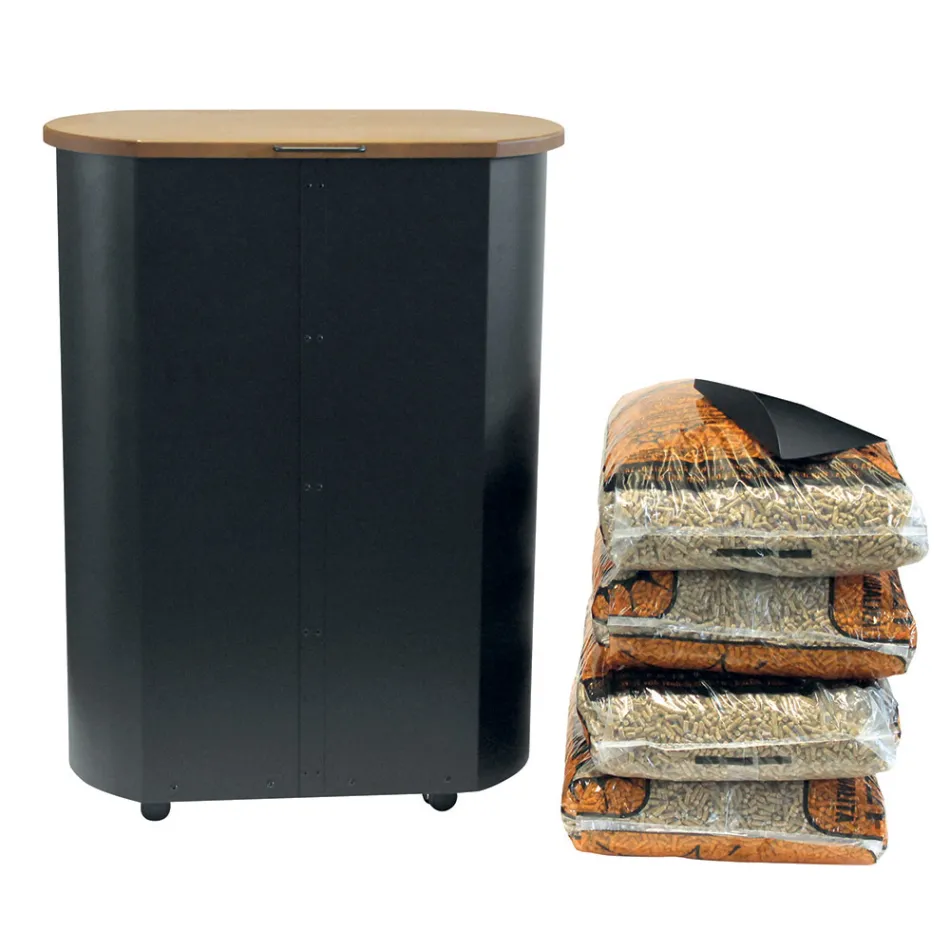 Metalowy uchwyt na pellet z kółkami i drewnianą pokrywką Made in Italy - Bisonte Viadurini