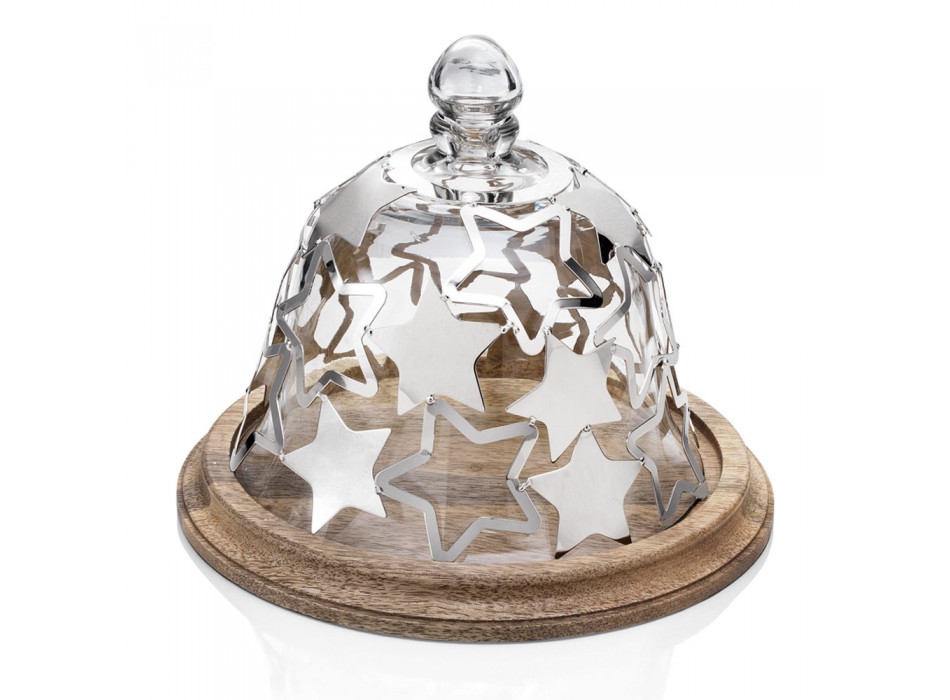 Dzwonek do ciasta z drewna i szkła ze srebrnymi metalowymi gwiazdkami - Ilenia Viadurini