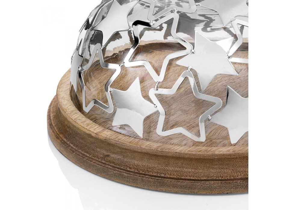 Stojak na ciasto z drewna i szkła z luksusowymi srebrnymi metalowymi gwiazdkami - Ilenia Viadurini