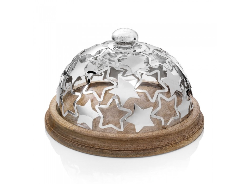 Stojak na ciasto z drewna i szkła z luksusowymi srebrnymi metalowymi gwiazdkami - Ilenia Viadurini