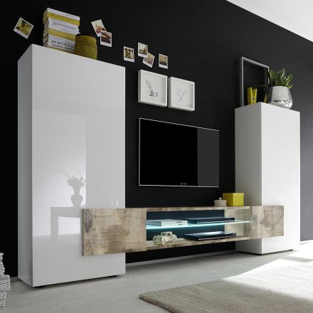 Drewniana szafka pod telewizor z drzwiczkami i podświetlaną półką Made in Italy - Sevesto Viadurini