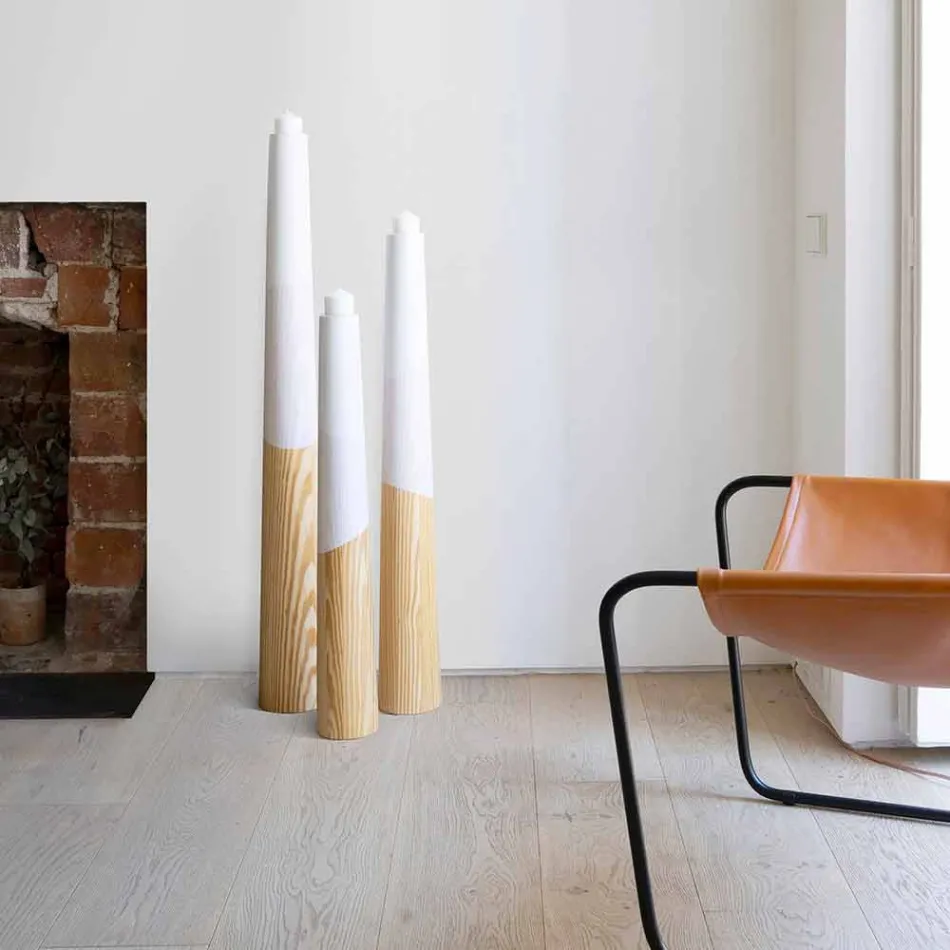 Nowoczesny świecznik z litego drewna sosnowego z kolorowymi detalami - Candor Viadurini