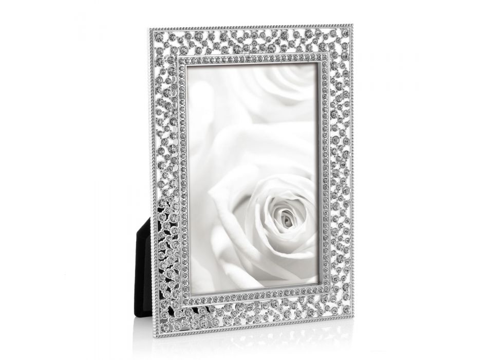 Obsługuje ramkę na zdjęcia w srebrnym metalu z luksusowymi kryształami - Ghero Viadurini
