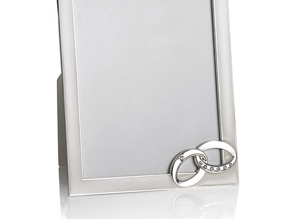 Srebrna metalowa ramka na zdjęcie z pierścieniami i kryształami - Bridal Viadurini