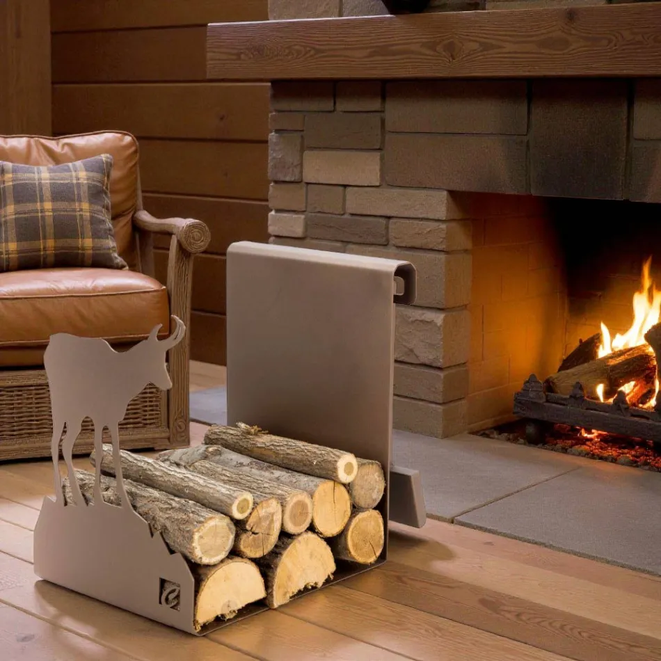 Stojak do drewna na opał z brązowej stali Wykonany we Włoszech z narzędziami - Volturno Viadurini