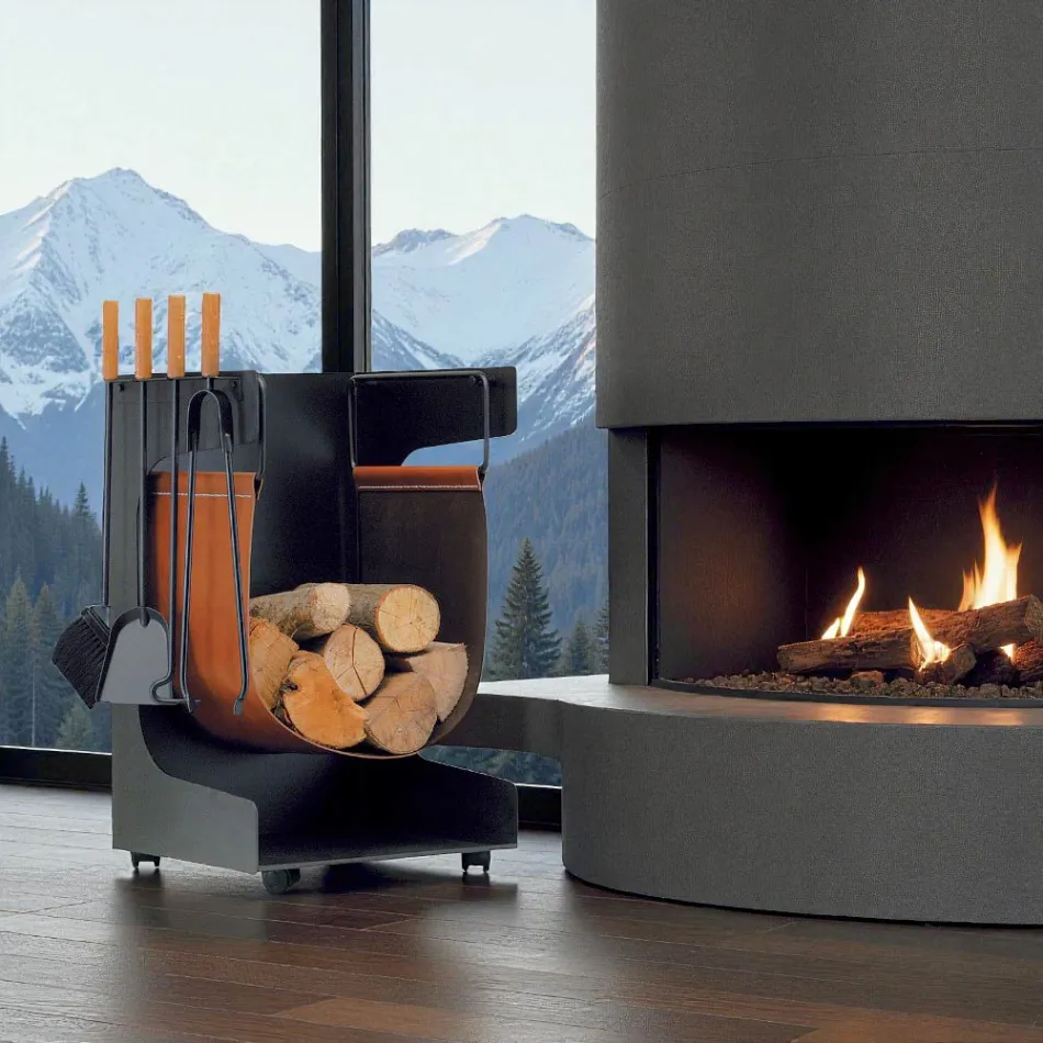 Uchwyt na drewno z ekoskóry i metalu z 4 akcesoriami Made in Italy - Camel Viadurini