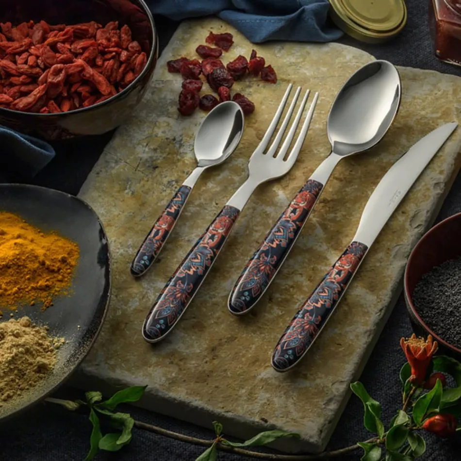 Kolorowe sztućce ze stali i plastiku z tygrysem 24 Szt. - Alessandra Viadurini