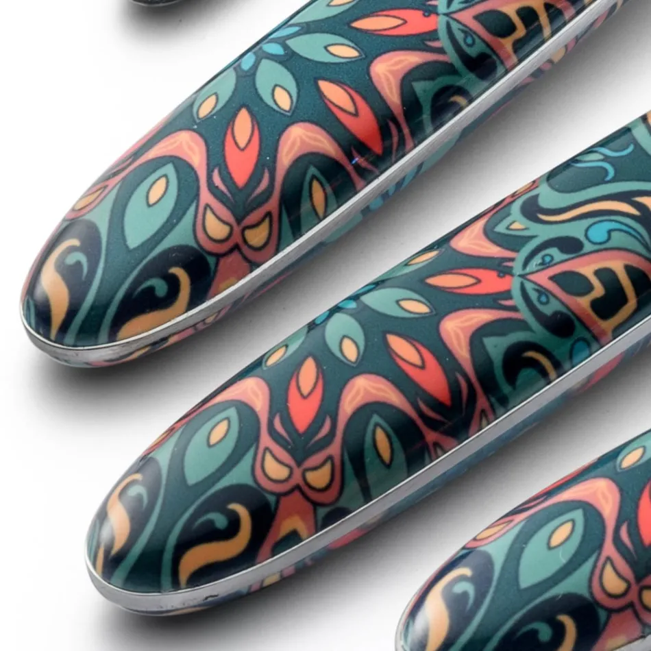 Sztućce ze stali i plastiku Kolorowy kwiatowy dekor 24 Szt - Alessandra Viadurini