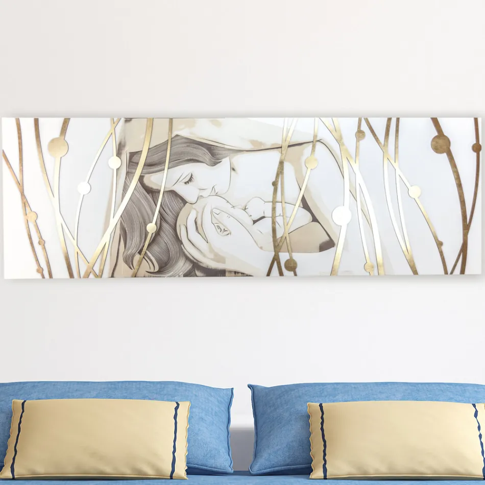 Prostokątny obraz wykonany laserem z boginią i dzieckiem Made in Italy - Nagi Viadurini