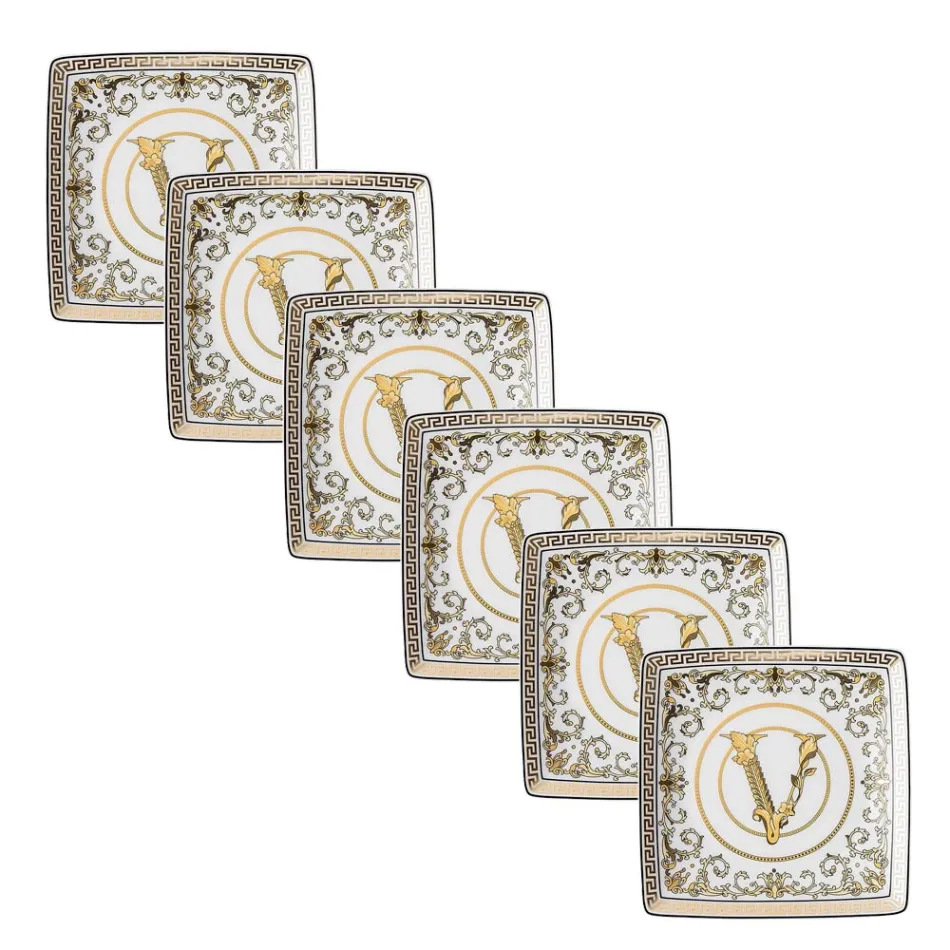 Rosenthal Versace Virtus Gala 6 płaskich kwadratowych misek 15x15 cm w porcelanie - Barok Viadurini